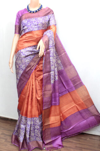 Orange & Violet Hand Block Printed Zari Border Tussar Silk Saree