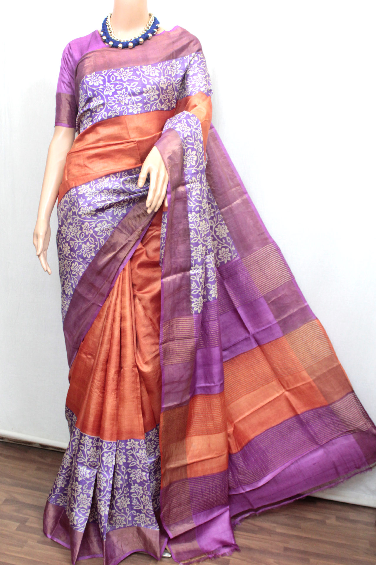 Orange & Violet Hand Block Printed Zari Border Tussar Silk Saree (TS0530)