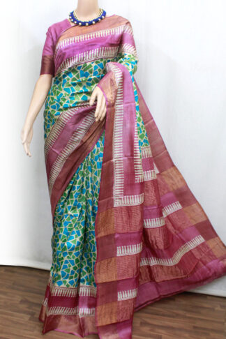 magenta with teal blue and green tussar silk saree block printed body with zari border, abstract printed zari border tussar silk saree