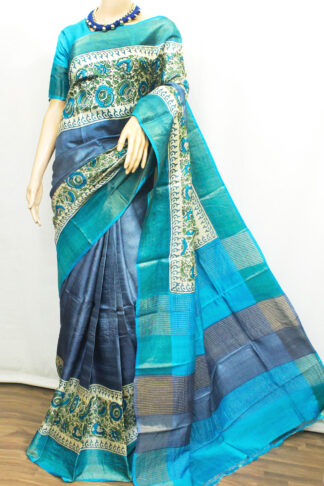 Sky Blue & Slate Grey Kalamkari Block Printed Tussar Silk Saree with blouse piece, Kalamkari block printed tussar silk saree