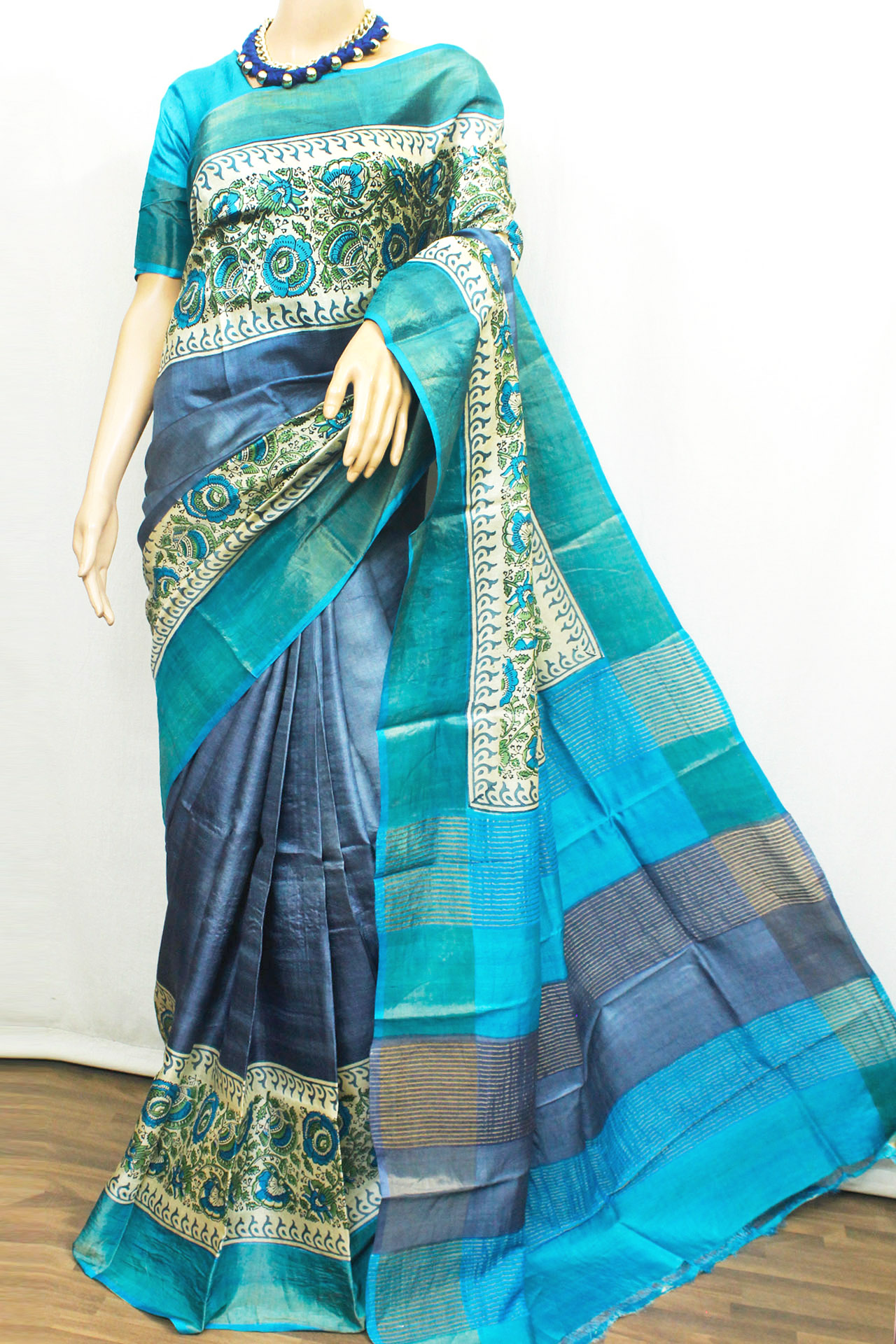 Sky Blue & Slate Grey Kalamkari Block Printed Tussar Silk Saree with blouse piece, Kalamkari block printed tussar silk saree