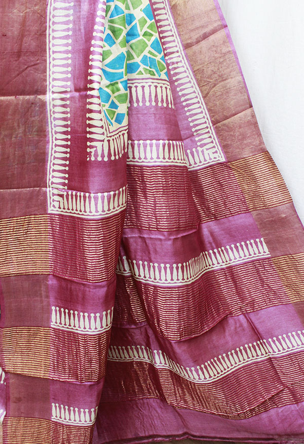 magenta with teal blue and green tussar silk saree block printed body with zari border, abstract printed zari border tussar silk saree