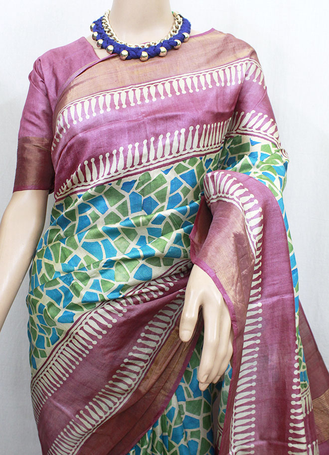 magenta with teal blue and green tussar silk saree block printed body with zari border, abstract printed zari border tussar silk saree