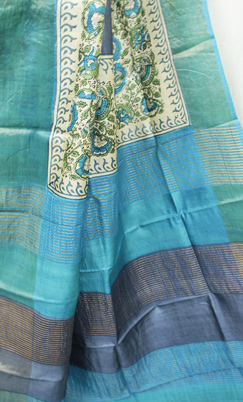 Sky Blue & Slate Grey Kalamkari Block Printed Tussar Silk Saree with blouse piece, Kalamkari block printed tussar silk saree
