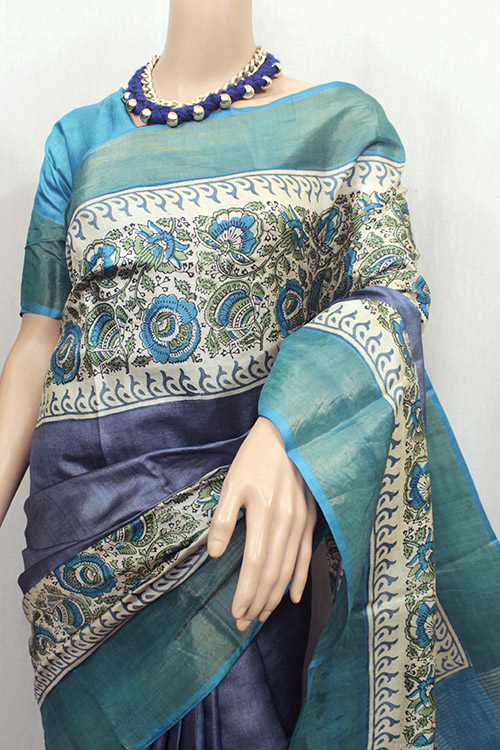 Sky Blue & Slate Grey Kalamkari Block Printed Tussar Silk Saree with blouse piece, Kalamkari block printed tussar silk saree