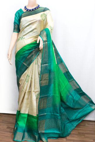 natural beige color-based with green block printed body with zari border, pallu and blouse piece, floral printed zari border tussar silk saree
