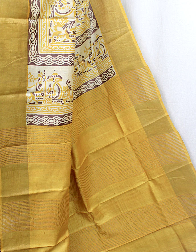 Mustard Yellow & Brown Tussar Silk Saree with Zari Border