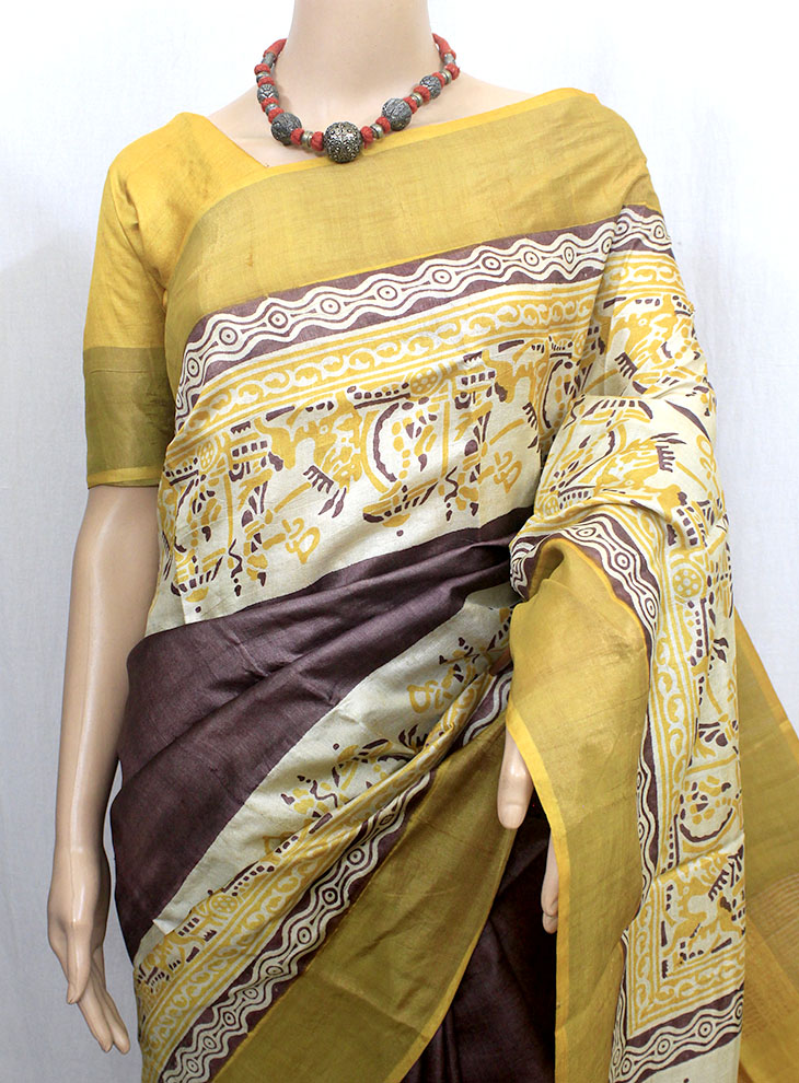 Mustard Yellow & Brown Tussar Silk Saree with Zari Border