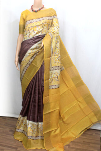 Mustard Yellow & Brown Tussar Silk Saree with Zari Border