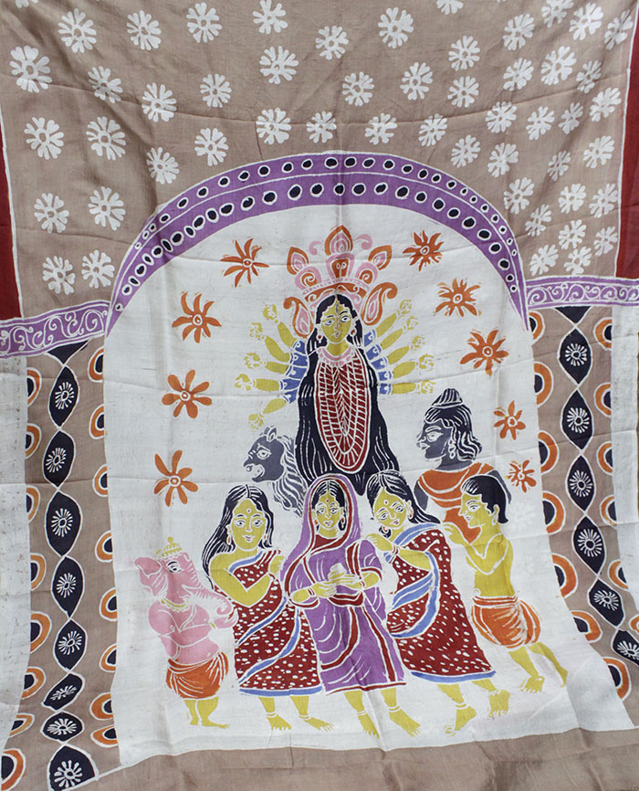 Beige & Maroon Batik Pure Silk Saree(SK0478) - Image 2