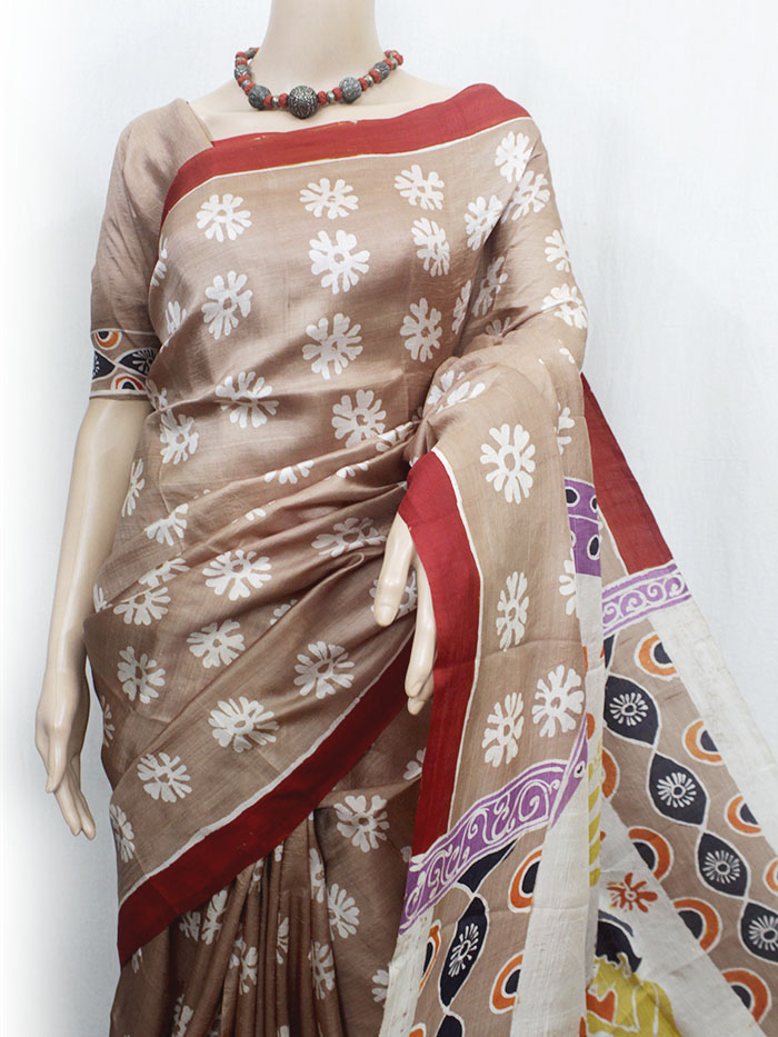 Beige & Maroon Batik Pure Silk Saree(SK0478) - Image 3