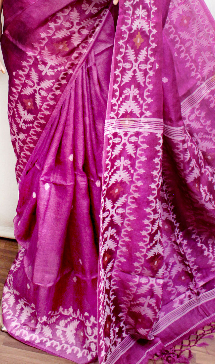Magenta-purple Tussar Jamdani Saree (TS0536) - Image 3