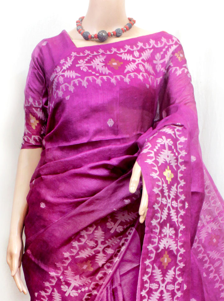 Magenta-purple Tussar Jamdani Saree (TS0536) - Image 2