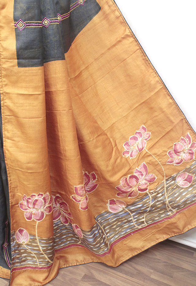 Black & Mustard Yellow Tussar Silk Saree with Embroidery & Mirror Work (TS0537) - Image 3