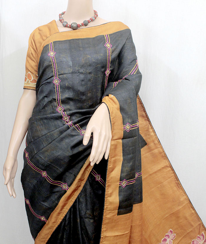 Black & Mustard Yellow Tussar Silk Saree with Embroidery & Mirror Work (TS0537) - Image 2
