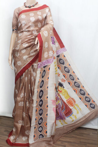 Beige & Maroon Batik Pure Silk Saree(SK0478)