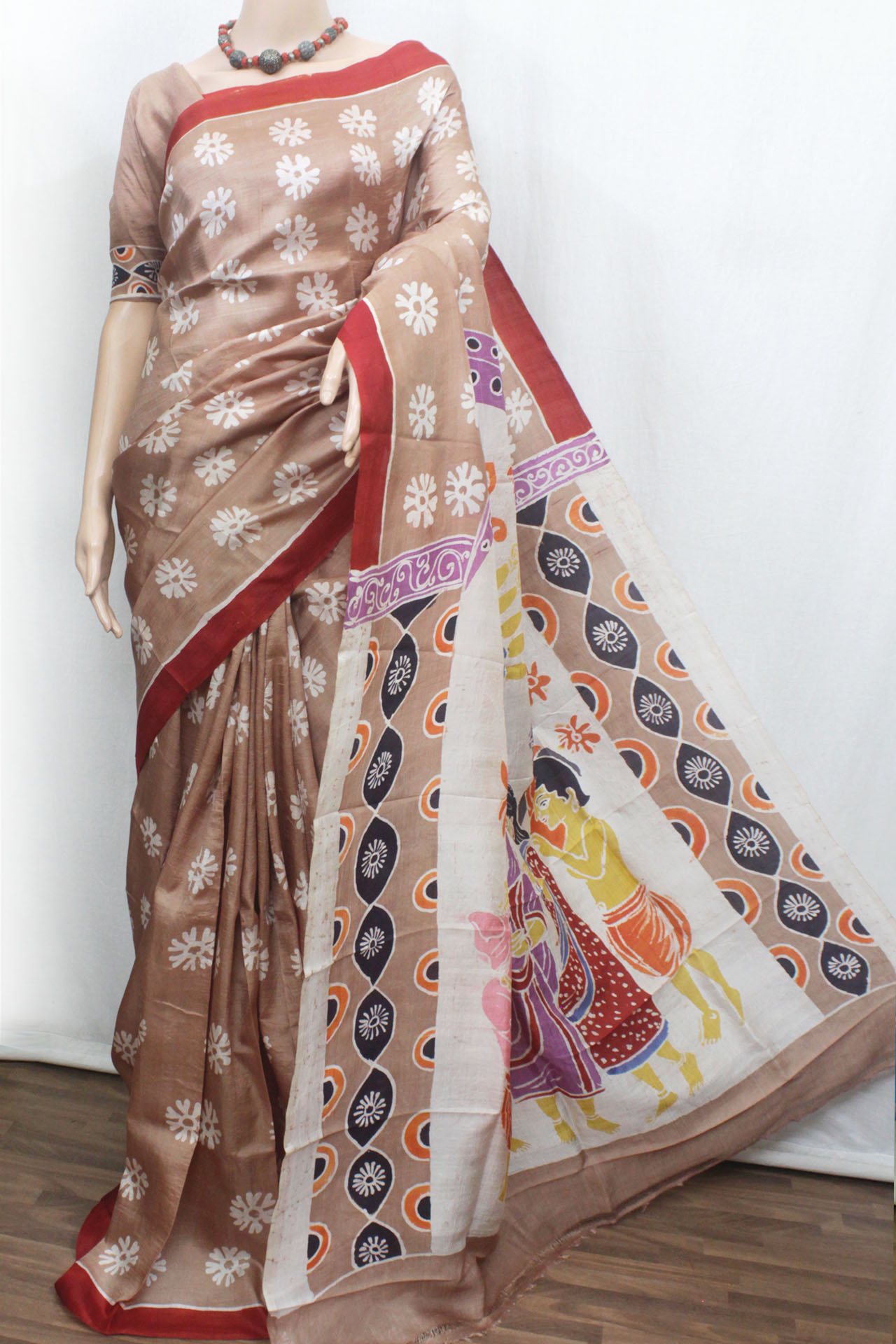 Beige & Maroon Batik Pure Silk Saree(SK0478)